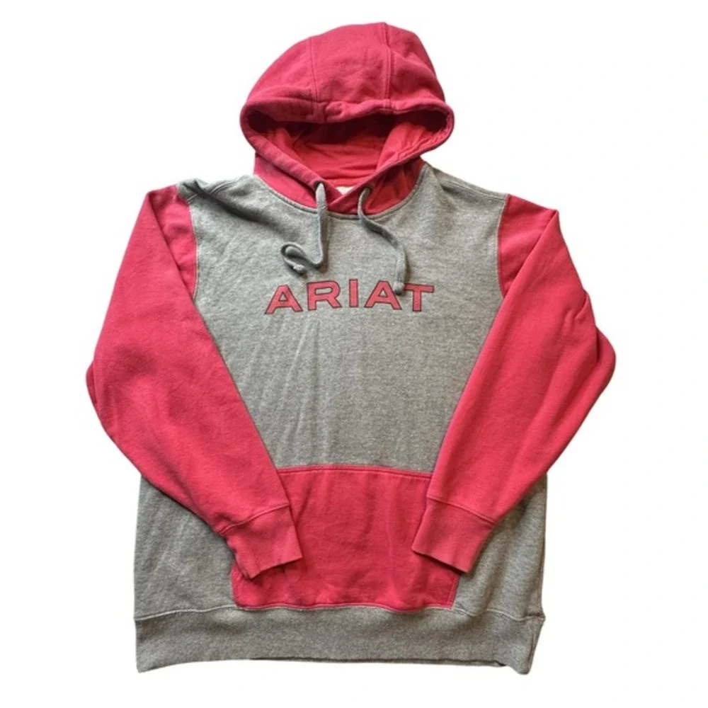 Ariat Hoodie Womens Large Gray Red Pullover Fleece Kangaroo Pocket Colorblock - Picture 1 of 13